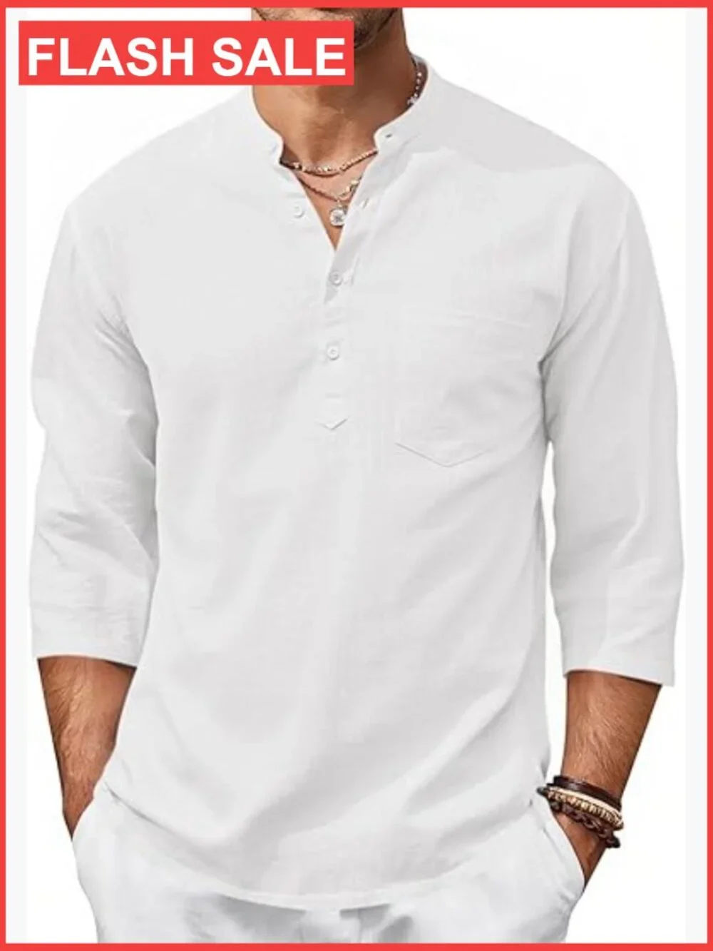 Mens Casual Henley Shirts 3/4 Sleeve Band Collar Cotton Linen T-Shirt
